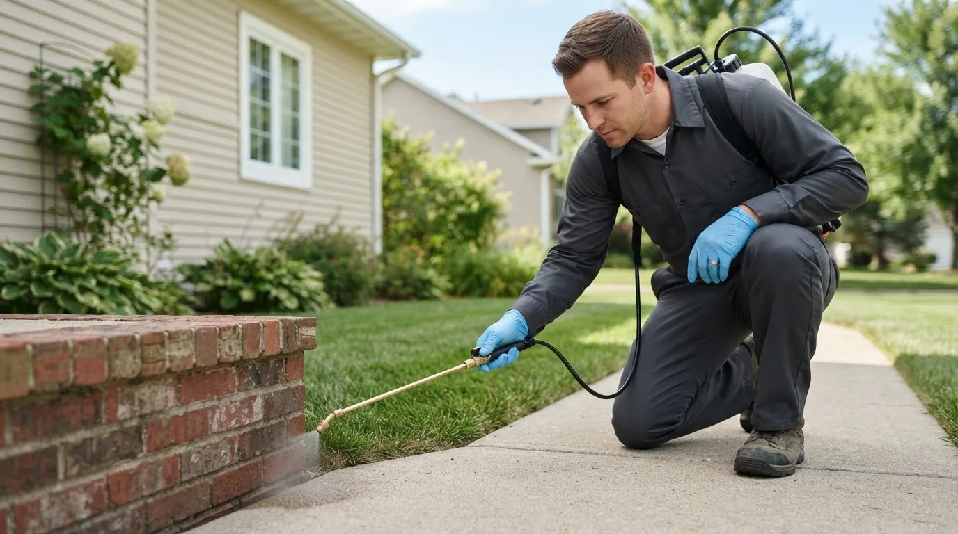 Pest control technician treating a home near Gillespie, IL