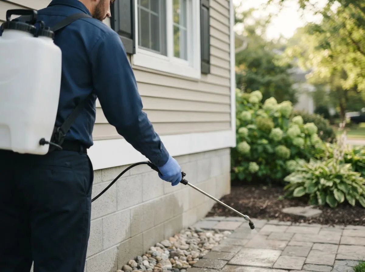 Pest control technician inspecting a home in Gillespie, IL